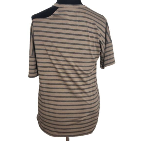 143 Story Brown Black Striped Cutout Cold Shoulder Short Sleeve Casual Top Small - Picture 4 of 8